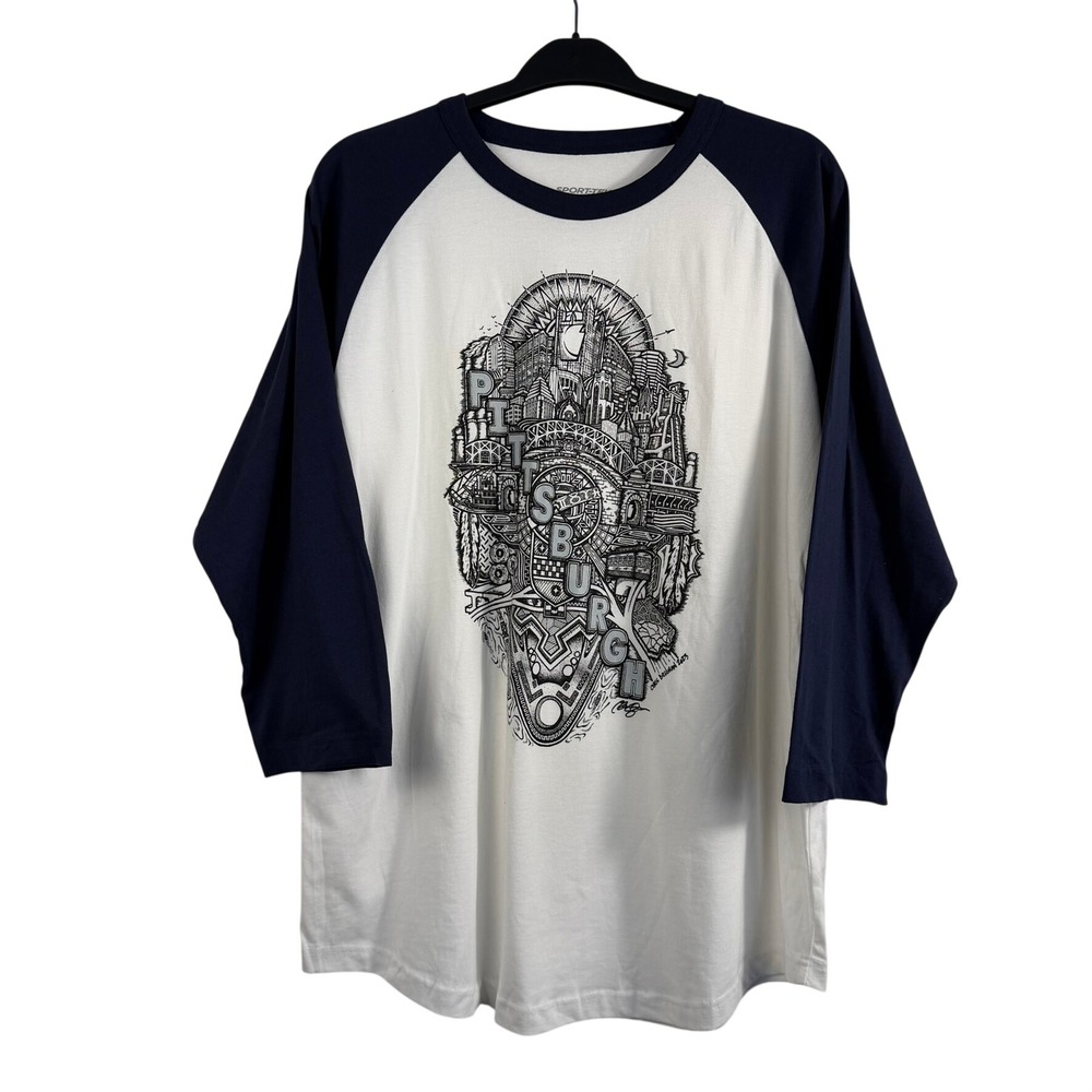 Sport-Tek Mens Pittsburgh Skyline Graphic Raglan Baseball Tee Chris Deighan L